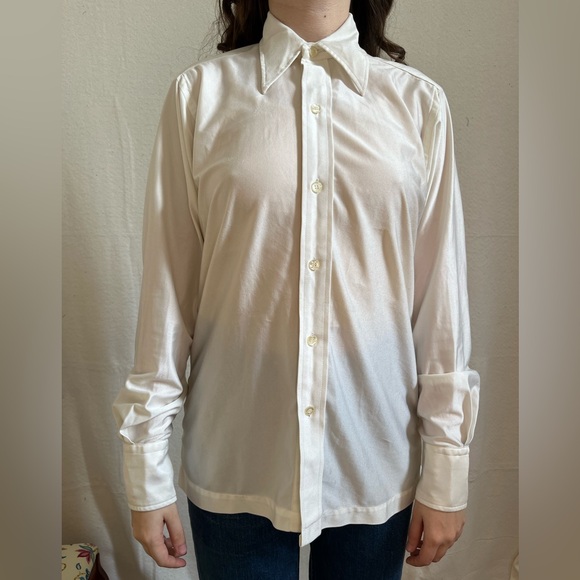 Saks Fifth Avenue Vintage Disco Era white stretch polyester button down shirt - Picture 6 of 10